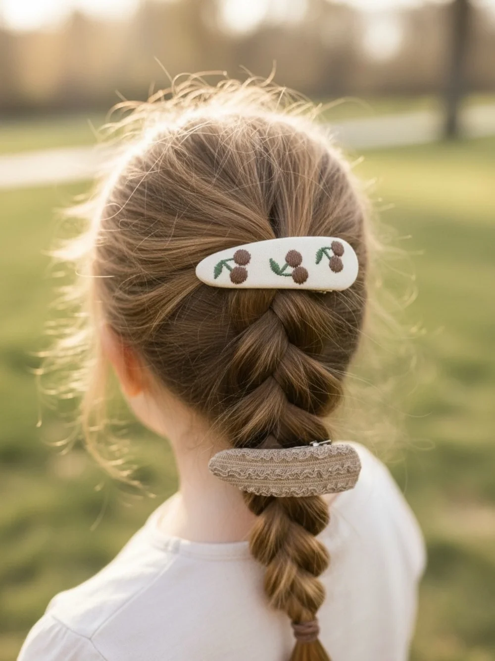 Girls Cherry Embroidered & Knit Fabric Snap Hair Clips Set of 2 Coquette